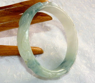 "Sister Set" Carved and Smooth Jadeite Jade Set of 2 Bangle Bracelets 57mm (JBB3218)