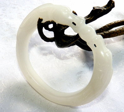 "Dragons Protect Pearl" Rare  Oval White Burmese Jadeite Bangle Bracelet Fits Like 52-54 mm (JBB3390)