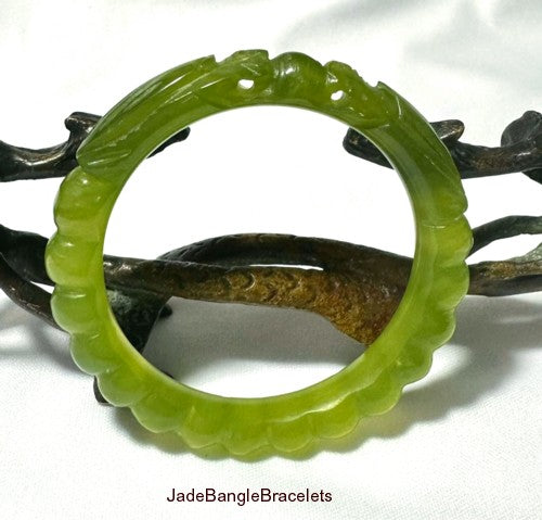 Sale-"Two Dragons Hold Pearl" Classic Round Dynasty Carved Chinese Jade Bangle Bracelet 53mm (NJCAR-DD-53)