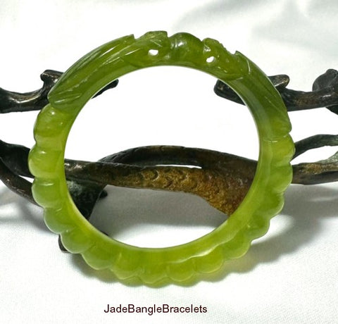 Sale-"Two Dragons Hold Pearl" Classic Round Dynasty Carved Chinese Jade Bangle Bracelet 60mm (NJCAR-DD-60)