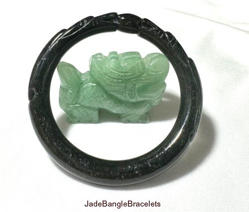 Sale-"Two Dragons Hold Pearl" Deep Green-Black Chinese Jade Carved Bangle Bracelet 58 mm