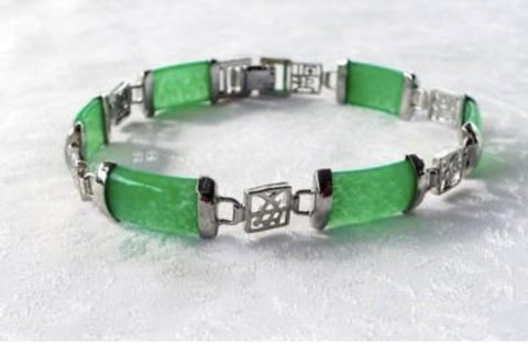 Green Jade and Silver Calligraphy Link Bracelet 8"