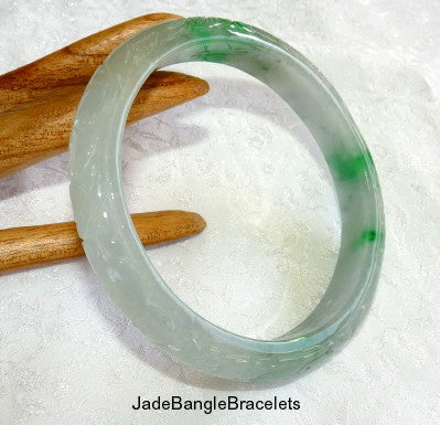 "Live Long and Strong" Burmese Jadeite Carved Lotus Bangle Bracelet 68.5mm  (JBB2700)