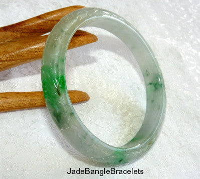 "Live Long and Strong" Burmese Jadeite Carved Lotus Bangle Bracelet 68.5mm  (JBB2700)