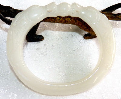 "Dragons Protect Pearl" Rare  Oval White Burmese Jadeite Bangle Bracelet Fits Like 52-54 mm (JBB3390)