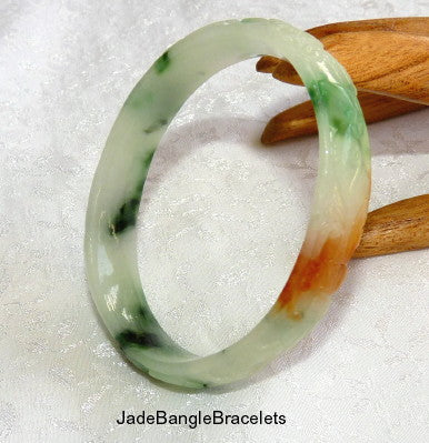 Small Oval Carved Butterfly  "Fu Lu Shou" Jadeite Jade Bangle Bracelet 48mm 49mm   (JBB3117)